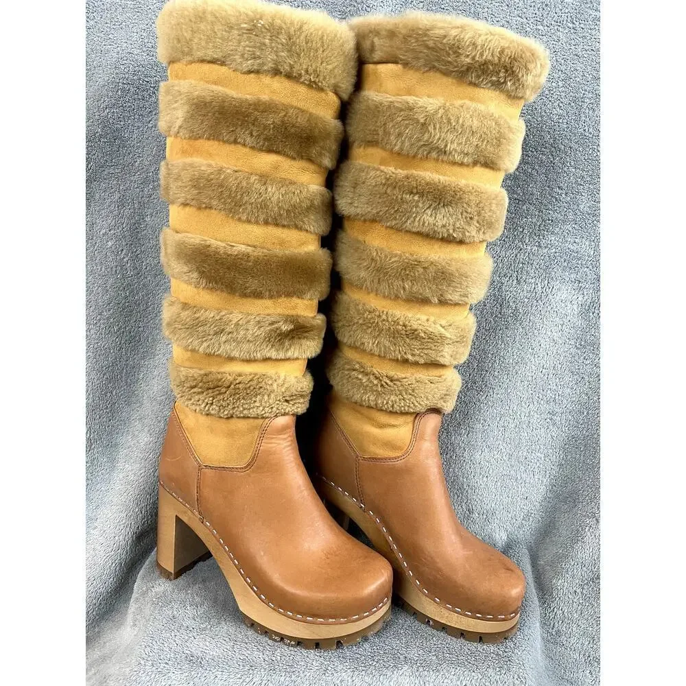 Swedish Hasbeens Romanian Knee Boot Womens 6.5 Fur Leather Hippie Retro - Picture 2 of 10